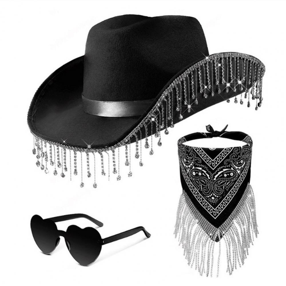 

3pcs/Set Rhinestone Tassel Stage Performance Hat Heart Sunglasses Bling Cowboy Hat Halloween чорний