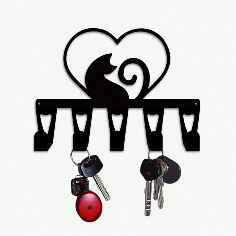 Modern Cat Love Keychain Metal Wall Decor with 5 Hooks Minimalist Style Durable Iron for Entryway Bedroom Hallway Storage