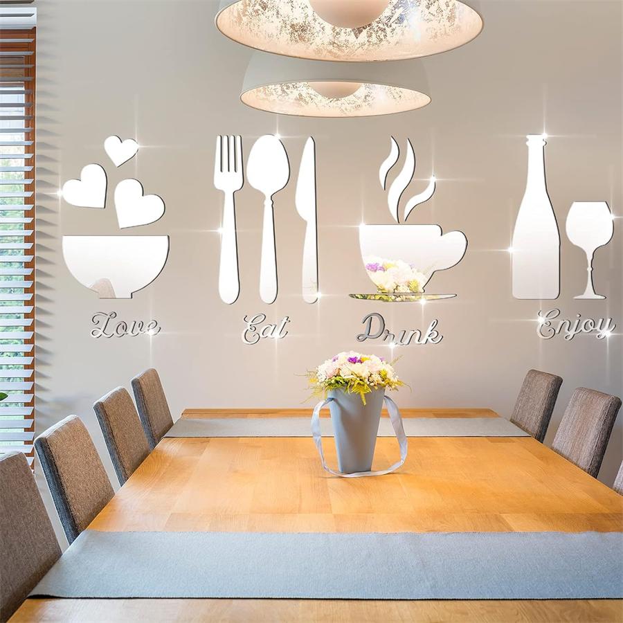 3D Acrylic Mirror Wall Stickers Kitchen Decor Fork Spoon Bowl Tea Cup Bottle Signs Modern Art Home Restaurant Wall Decoration