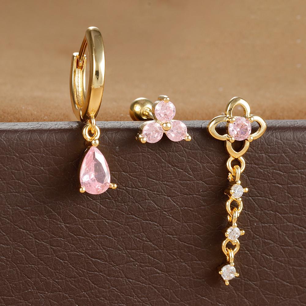 3PCS New Green Zircon Flower Hoop Earrings Set for Women Luxury Stainless Steel Piercing Earring Female Fashion Jewelry Gift BFF