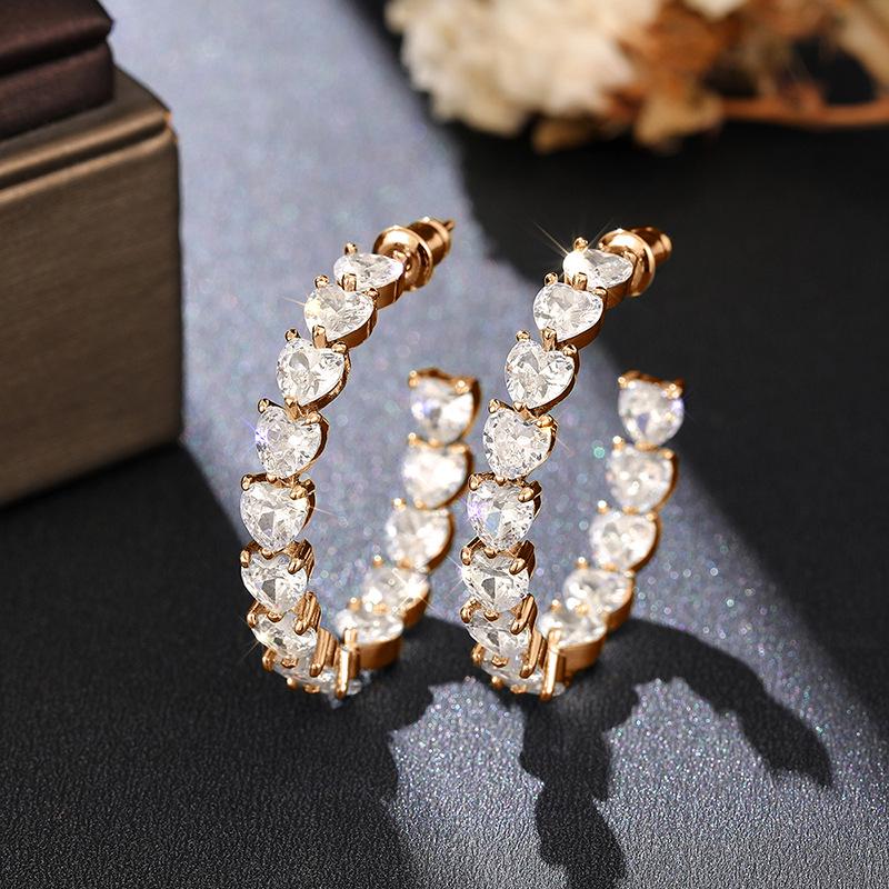 Multi Heart Shape Cubic Zirconia Open C Hoop Earrings Prong Set Rose Gold Plated Elegant Party Banquet Ladies Accessories