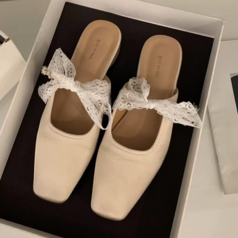 Fashion Women's Fashion Baotou Slippers Spring New Square Head Shallow Mouth Lace Butterfly Knot Anti-slip Wear-resistant Sandals