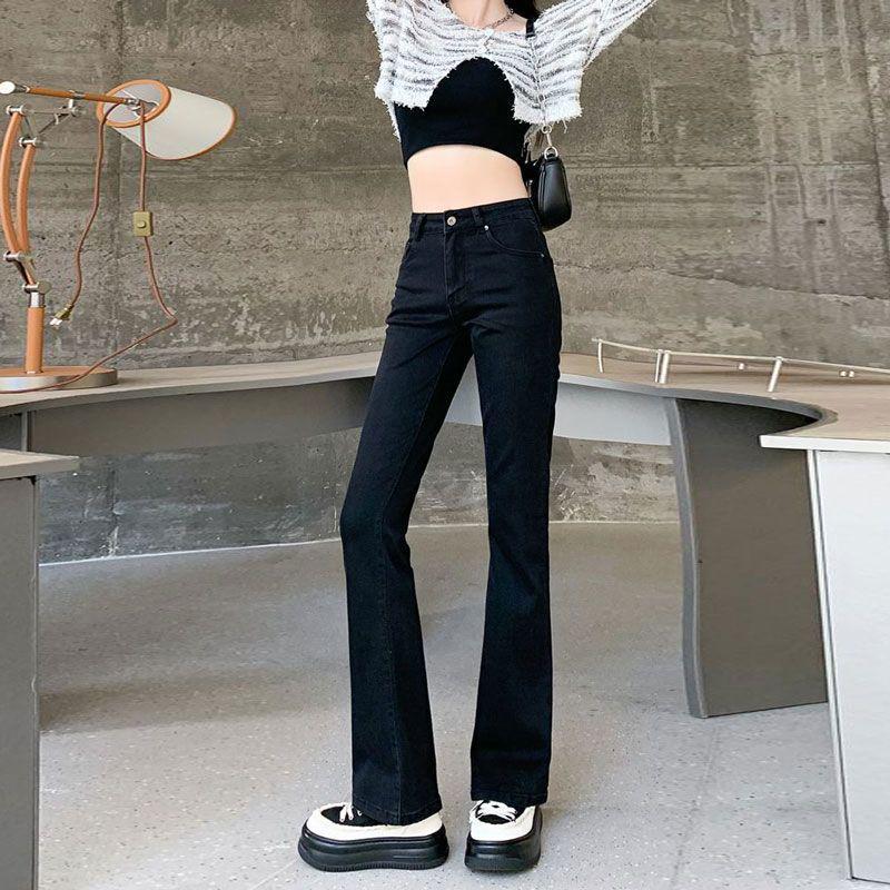 Women's High Waist Black Micro Flare Jeans - Korean Style, Versatile, Elastic, Floor Length Straight Leg for Spring/Summer