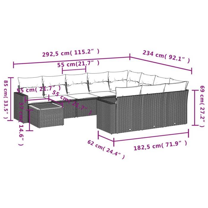 VidaXL Salon de Jardin avec Coussins 11 pcs, Canapés de Patio, Ensemble de Meubles, Mobilier de Terrasse Extérieur, Gris 3224310