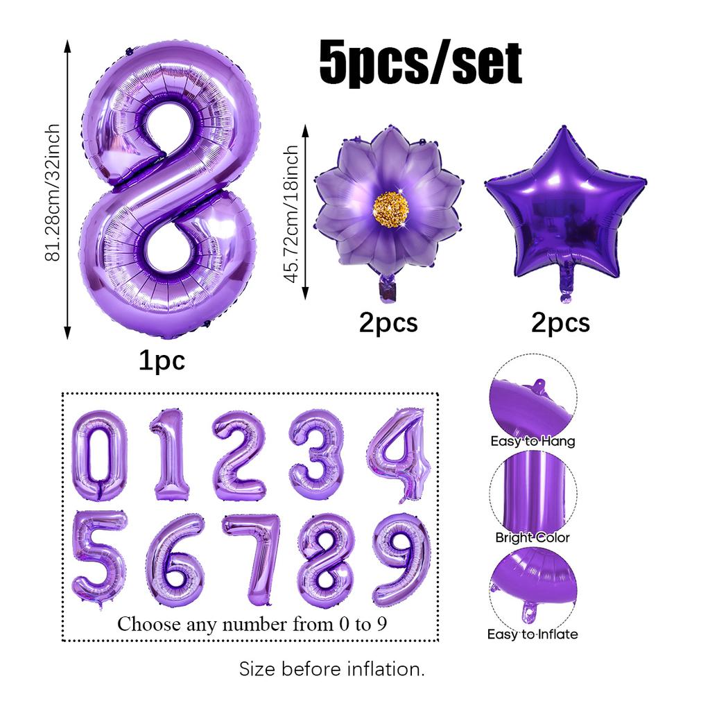 5pcs Purple Number Foil Balloon Set for Birthday Parties, Anniversaries, Holiday Celebrations, Party Decorations,
