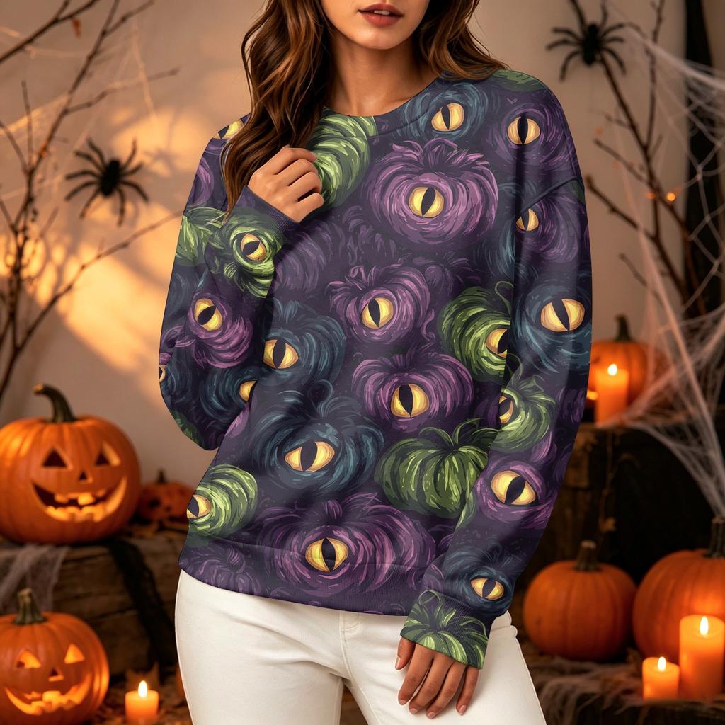 Women's Halloween Print Long Sleeve Pullover Hoodie Casual Round Neck Top