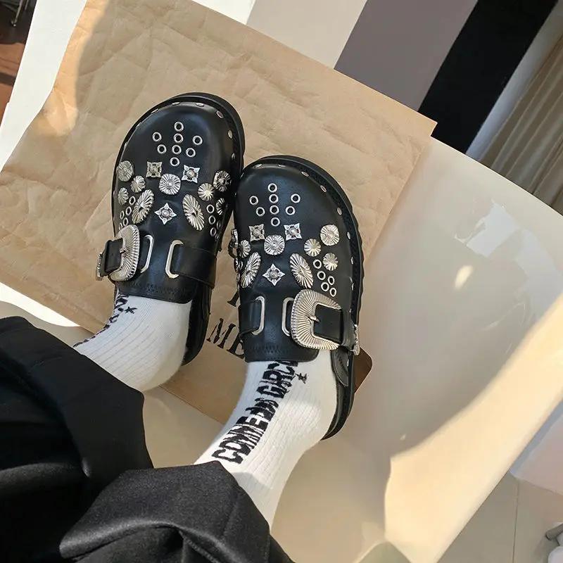 Summer Women Slippers Platform Rivets Punk Rock Leather Mules Creative Metal Fittings Casual Party Shoes Female Outdoor