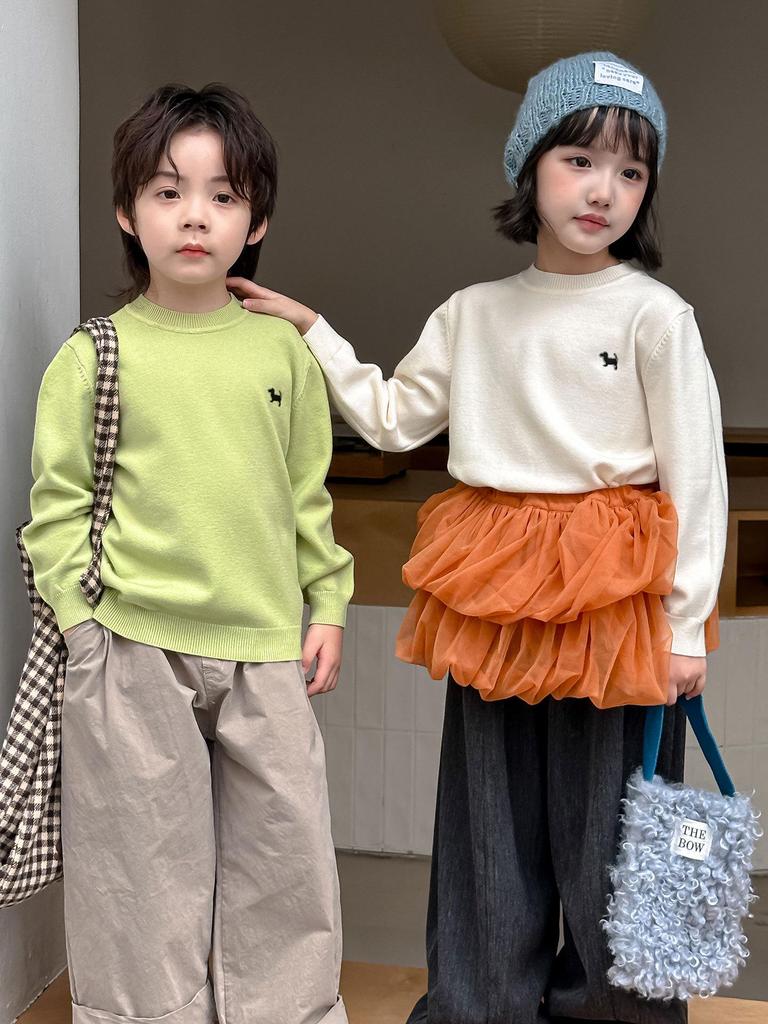 Kids' Knitted Crew Neck Sweater - Autumn/Winter, Embroidered, Loose Fit, Unisex