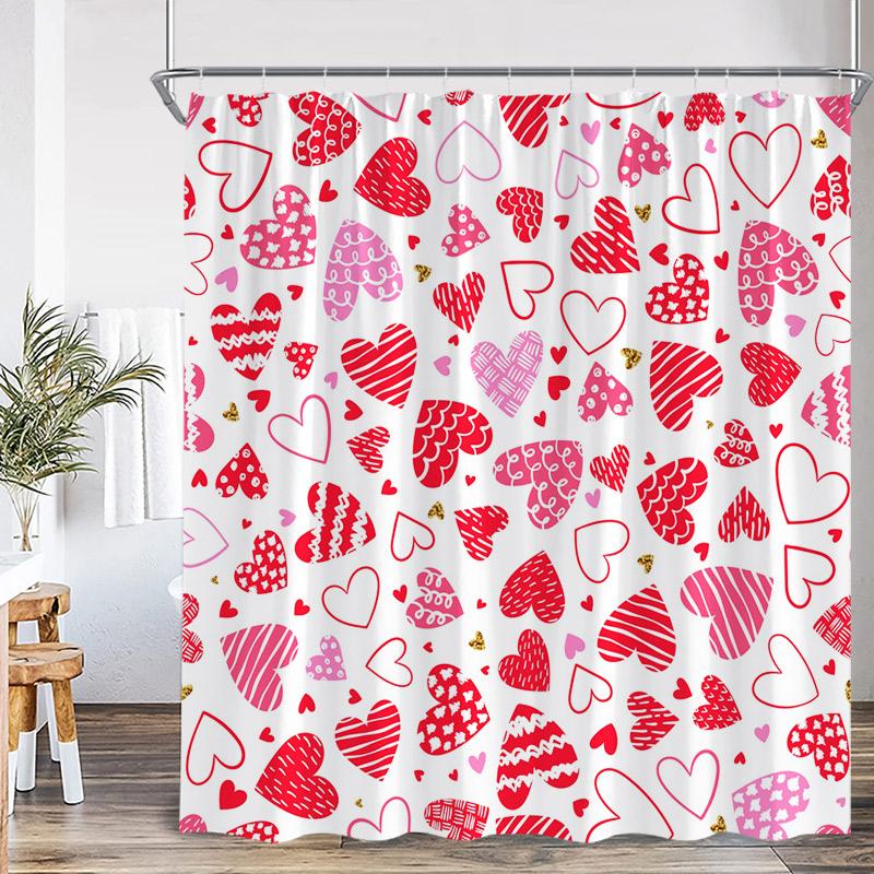 Valentine'S Day Shower Curtain Red Heart Rose Flowers Bicycle Petals Lovers Gift Fabric Home Bathroom Curtains Decor With Hooks