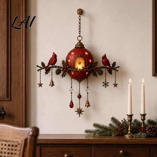 Vintage Stil Urlaubsdekoration Beleuchtetes Rote Beere Kiefernzapfen Ornament Vogel Weihnachtsglocke Winter Saisonale Aufhängung mit Warmem Leuchten Haus Veranda Kamin