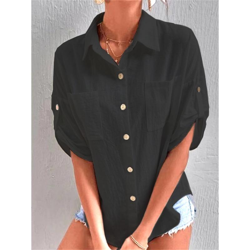 Women Lapel Double Pocket Textured Roll Tab Sleeve Loose Casual Shirt