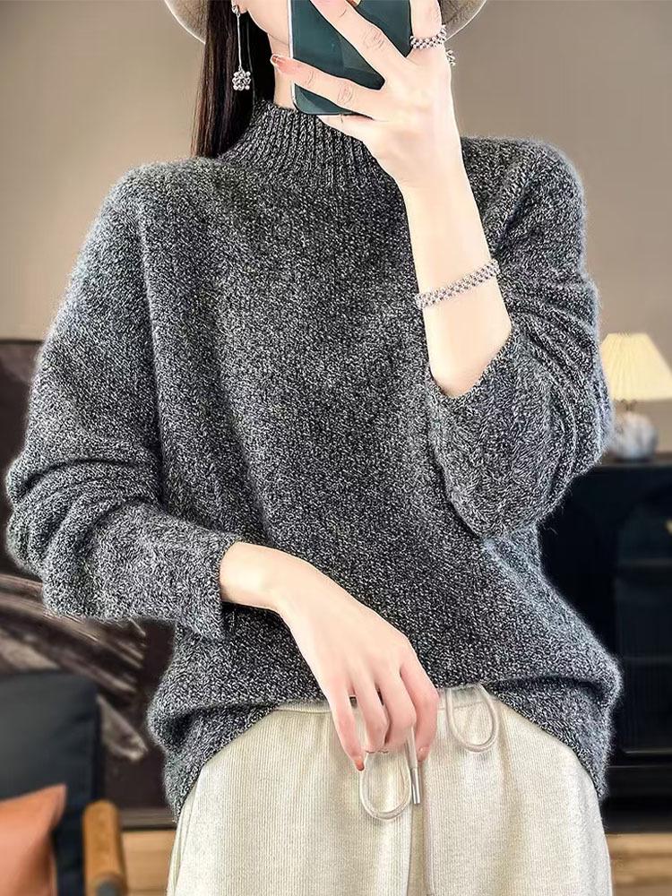 Women's 100% Wool Cable Knit Sweater, Half-High Neck, Loose Fit, Thick for Autumn/Winter