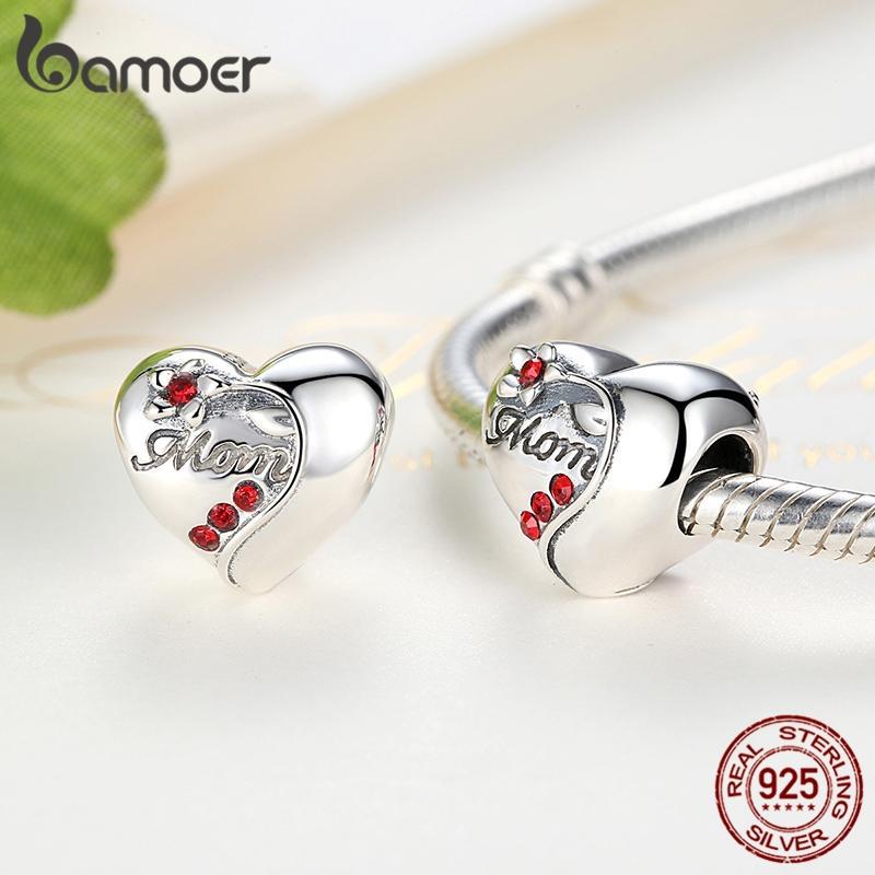 BAMOER Authentische 925 Sterling Silber MOM Rotes Herz Charms passend für Armbänder, Muttertagsgeschenk