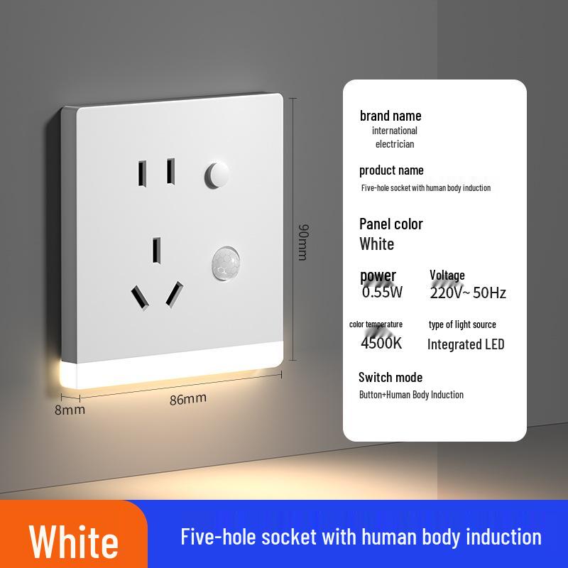 LED Night Light Socket with Motion Sensor, Recessed 86-Type for Floor, Staircase, Corridor, or Bedside.