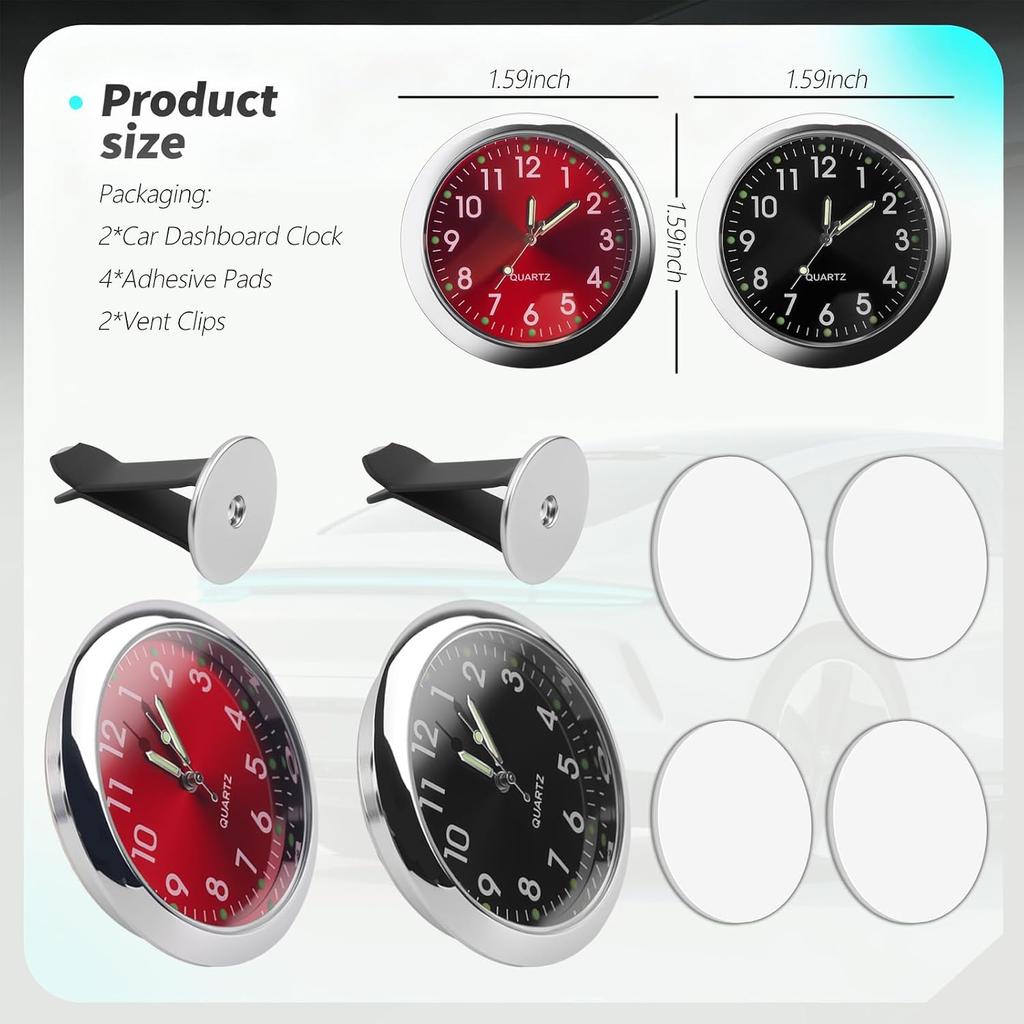 2PCS Luminous Analog Car Clocks for Dash Stick on,Mini Tiny Stick On Clock for Car Dashboard with Vent Clip,Self-Adhesive Dashboard Clock for Vent &