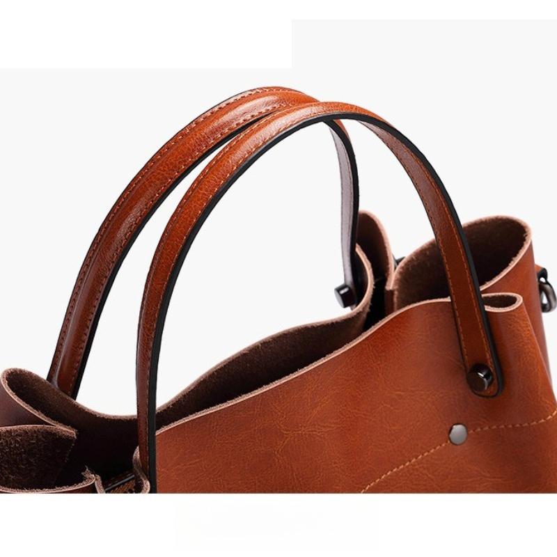 Genuine Leather Women's Bag Wax Leather Large Capacity Bucket Bag New Solid Color Fashionable Shoulder Bag Commuter Crossbody
