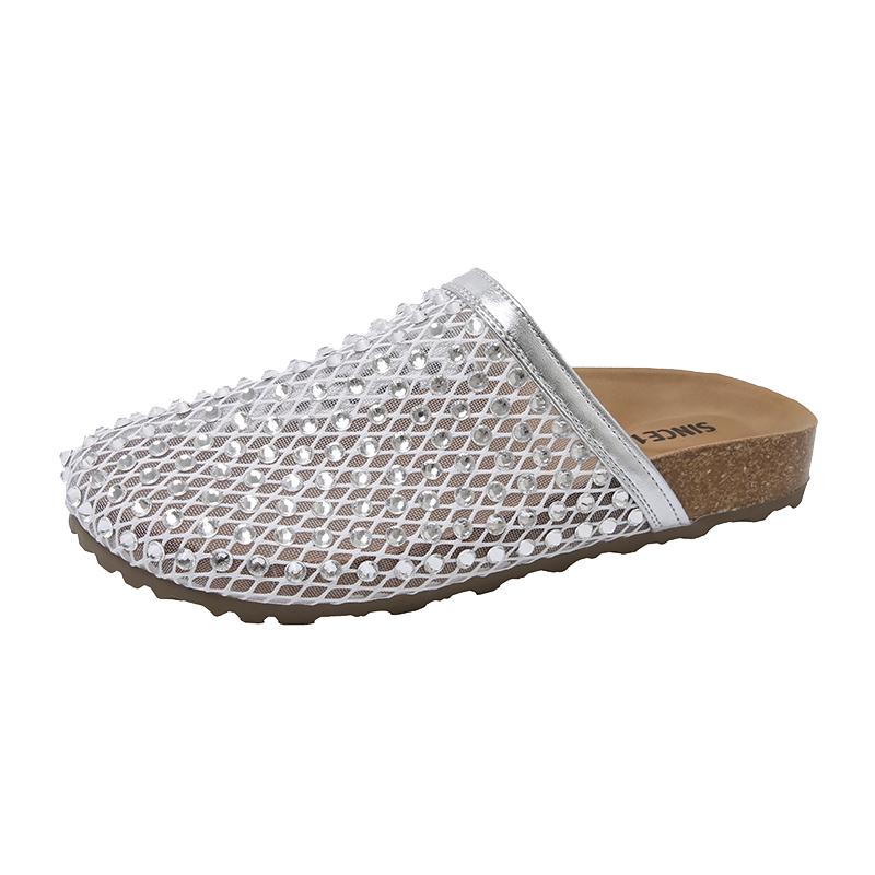 Fashion Super Popular Water Diamond Full Diamond Women's Shoes, Fishing Net Toe Cover Half-slippers, Flat Lazy Women's Sandals