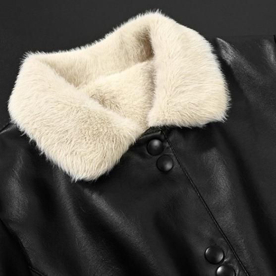 Women's Winter Fleece-lined Leather Jacket Mid-length Turn-down Collar PU Leather Jacket