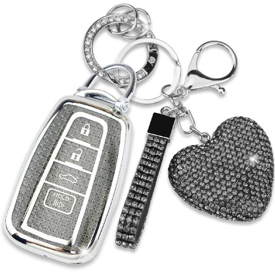 Key Fob Cover with Diamond Keychain for Toyota Car Key Shell Compatible with 2018-2024 Highlander RAV4 Camry Avalon C-HR Corolla GT86 Full Cover