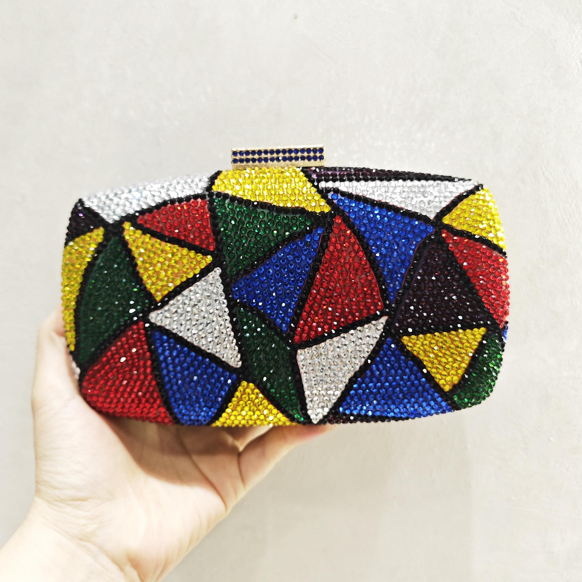 

Women Colorful Crystal Evening Bags Stones Clutch Bags For Wedding Hard Metal Minaudiere Rhinestone Purses Wedding Party Purse 18.5cmX10.5cmX5cm