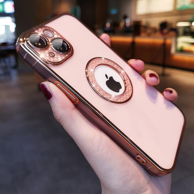 

Роскошный прозрачный чехол с блестящим логотипом и бриллиантами для защиты линз для Iphone 13 12 11 Pro Max, мягкий прозрачный силиконовый противоударный чехол for iphone 13 розовый