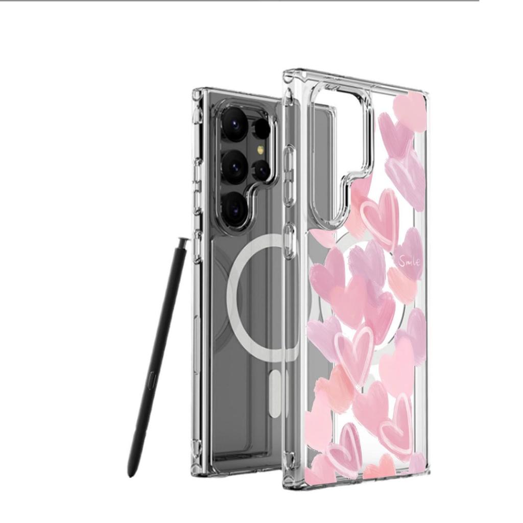 Pink Heart Magnetic Transparent Case for iPhone 15/16/17 Pro Max - Full Coverage Protection