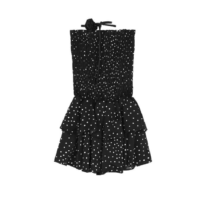 Women's Strapless Polka Dot Non-Slip Puffy Dress - Little Black Summer Dress with Waist-Cinching Design