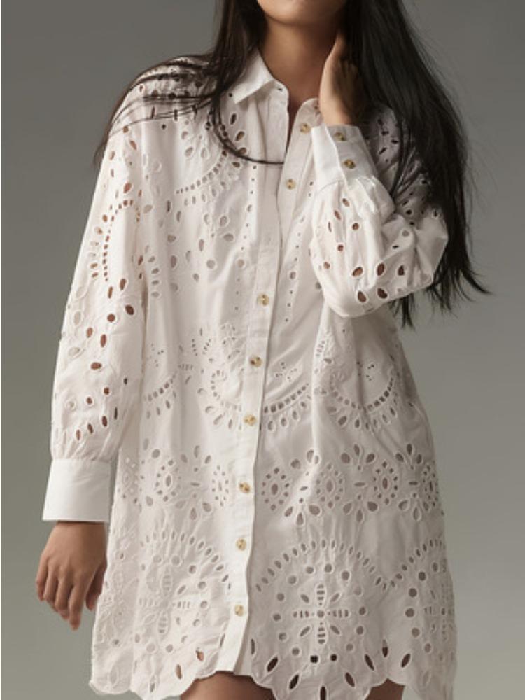 

Women s White Lace Shirt Dress Long Sleeve Button Down Lapel Collar Casual Dress S белый