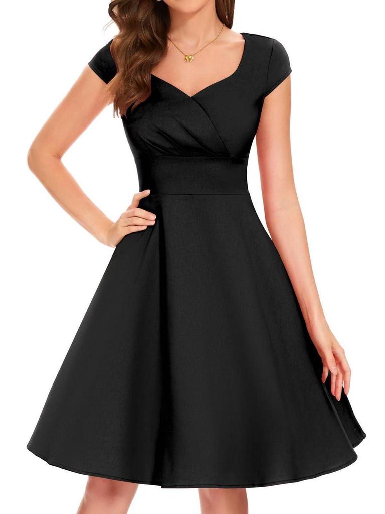 Elegant Retro Women's V-neck Waist-cinching Wide-hem Dress - Solid Color Fashionable Light Luxury