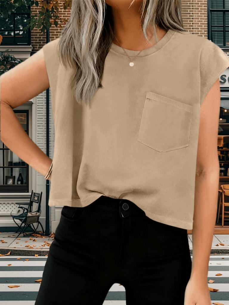 Women's Cap Sleeve Crop Tank Top Crew Neck Loose Fit Basic Vest with Pockets