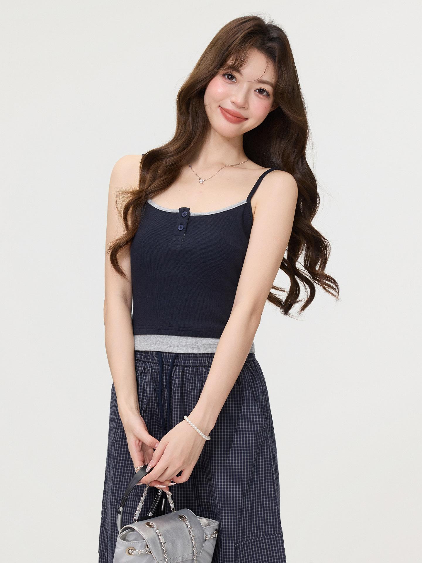 

Yellow fake two-piece short vest suspender women s summer wear slim and thin dopamine sweet top S темно-синий