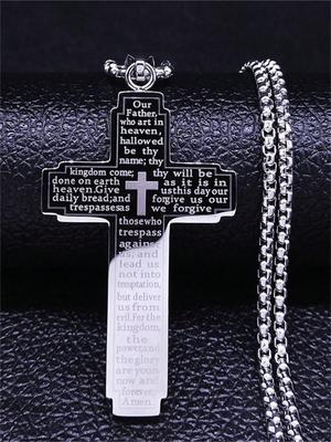 Stainless Steel Cross Pendant Engraved Bible Necklace For Men Women Catholic Prayer Lucky Amulet Jewelry