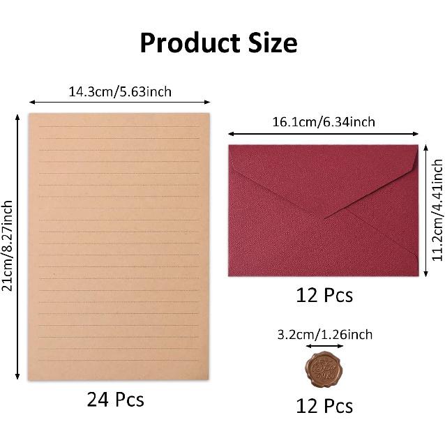 48 Pieces Stationery Set with Envelopes (24 Kraft Paper Sheets + 12 Linen Texture Envelopes+12 Wax Seal Stickers), Stationery Letter Writing Paper
