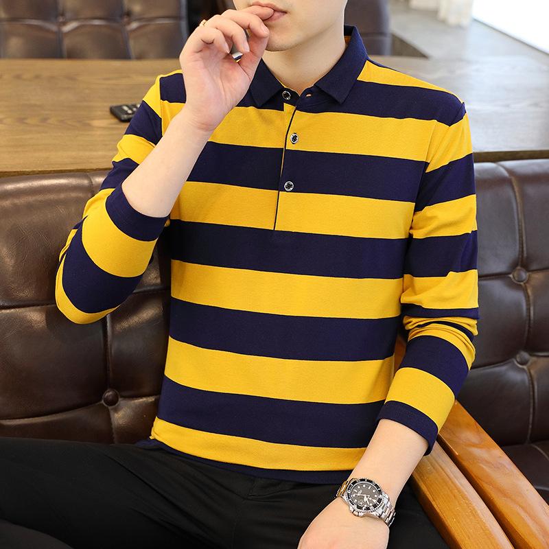 Jaro a Podzim Nové Pánské Korejský Styl Kontrastní Klopa Pruhované Dlouhý Rukáv Trendy Pár Módní Top