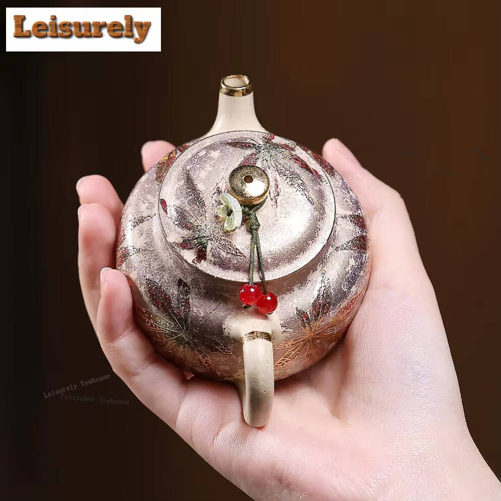 111ml Authentic Yixing Purple Clay Teapots Handmade Gold Drawing Pot Raw Ore Benshan Green Mud Kettle Zisha Teaset Decoration