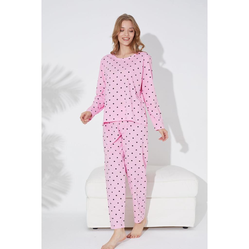 Pink Black Heart And Point Patterned Knitted Pajama Set 7792