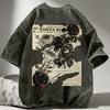 Retro Grunge Oversized T-Shirt, Vintage Mineral Wash Tee, Dark Floral Newspaper Graphic Back Printed Shirt