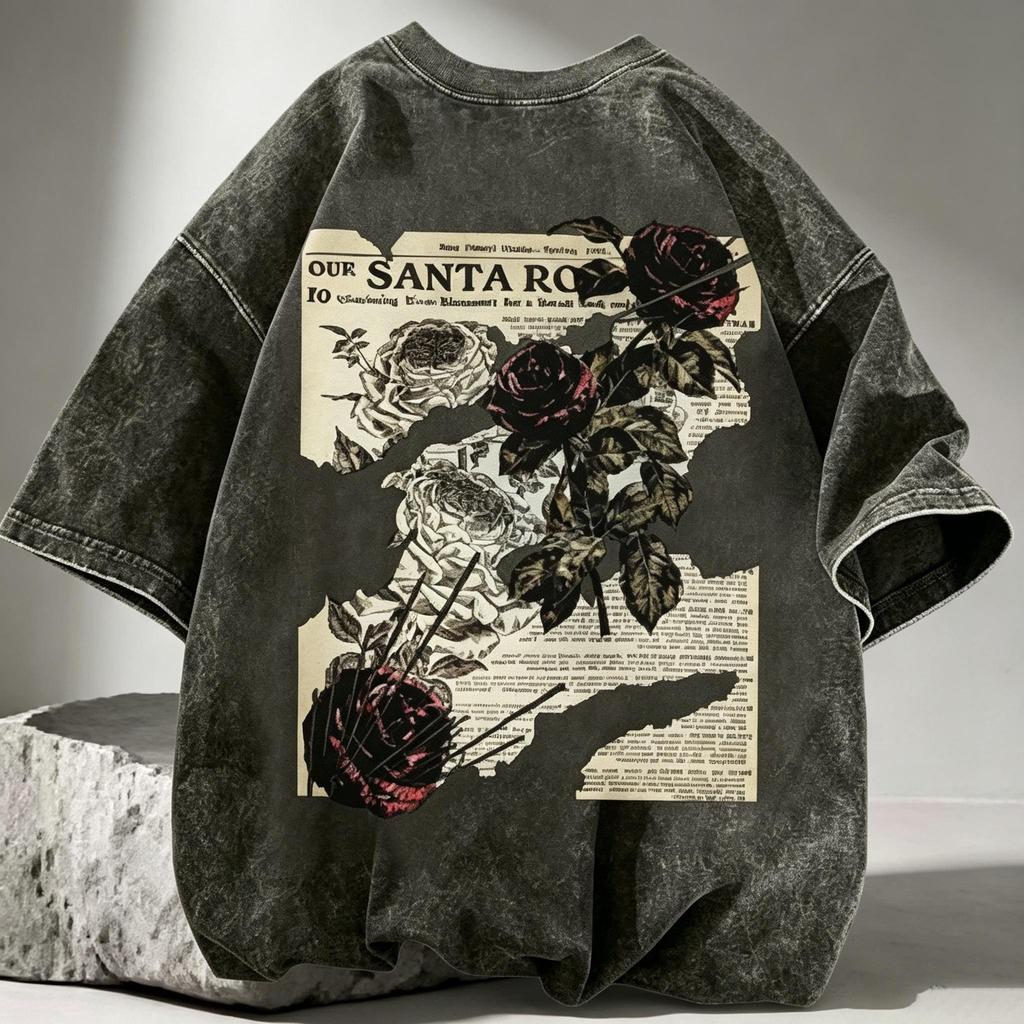 Retro Grunge Oversized T-Shirt, Vintage Mineral Wash Tee, Dark Floral Newspaper Graphic Back Printed Shirt