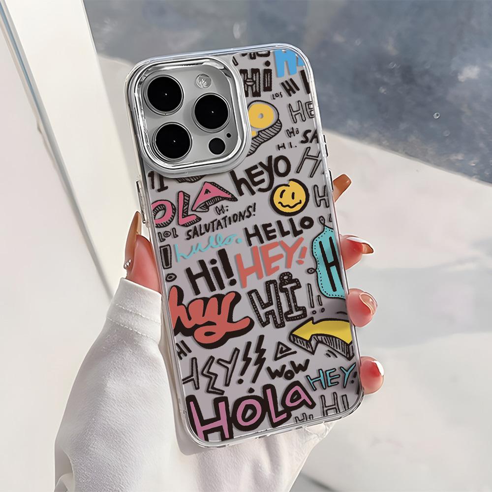 Cartoon Travel Graffiti Phone Case For iPhone 17 Pro Max Air 16 15 Pro 14 13 12 11 Shockproof Silicone Cover Silver Lens Frame