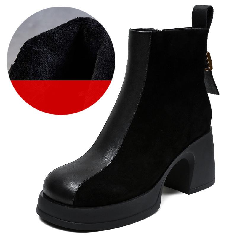 

Johnature Модные сапоги на высоком каблуке для женщин из натуральной кожи Челси Короткие сапоги из коровьей кожи на толстом каблуке 39-Plush чёрный