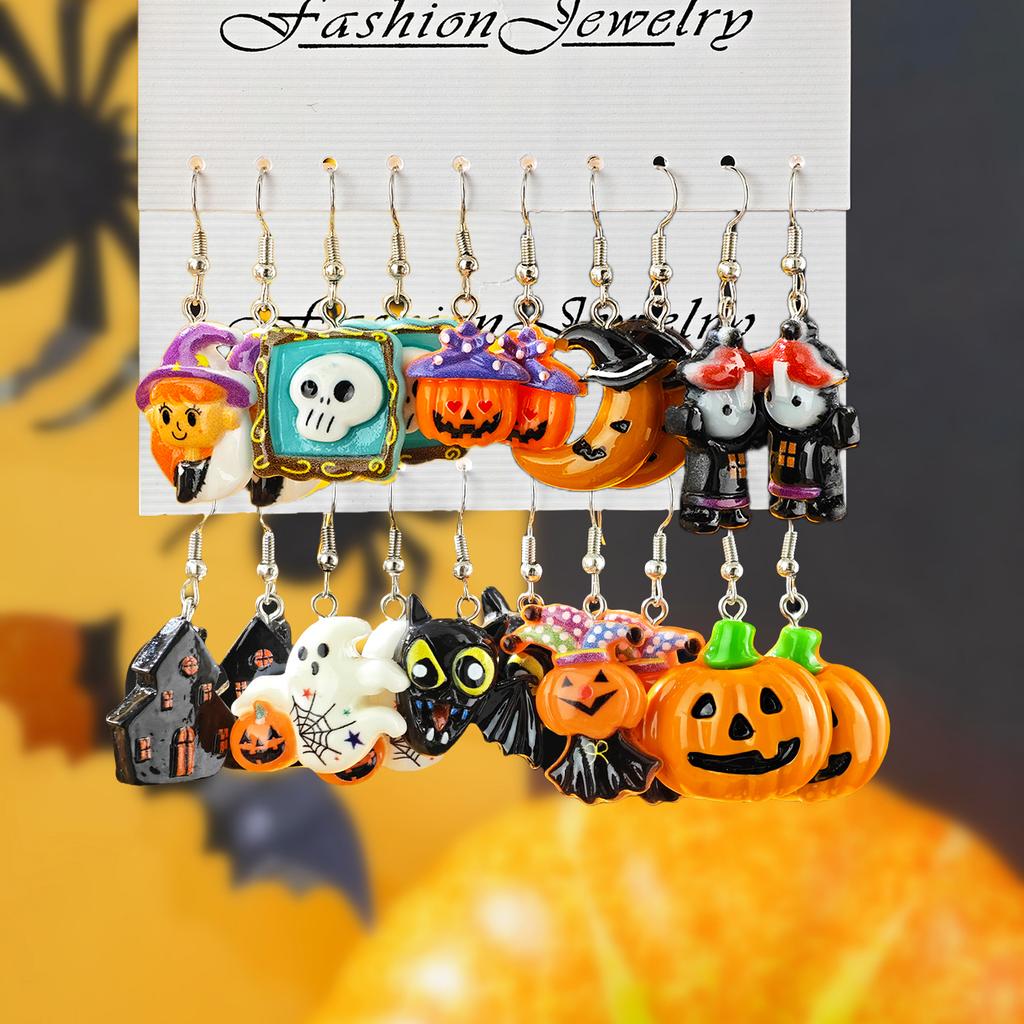 Neues Halloween Niedlich Lustig Kürbis Fledermaus Geist Schwarze Katze Spinne Hexenhut Harz Anhänger Ohrringe Halloween Geschenkset