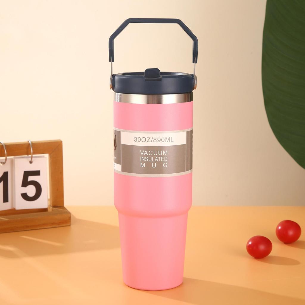 Large Capacity Insulated Stainless Steel Car Cup with Handle and Straw Lid