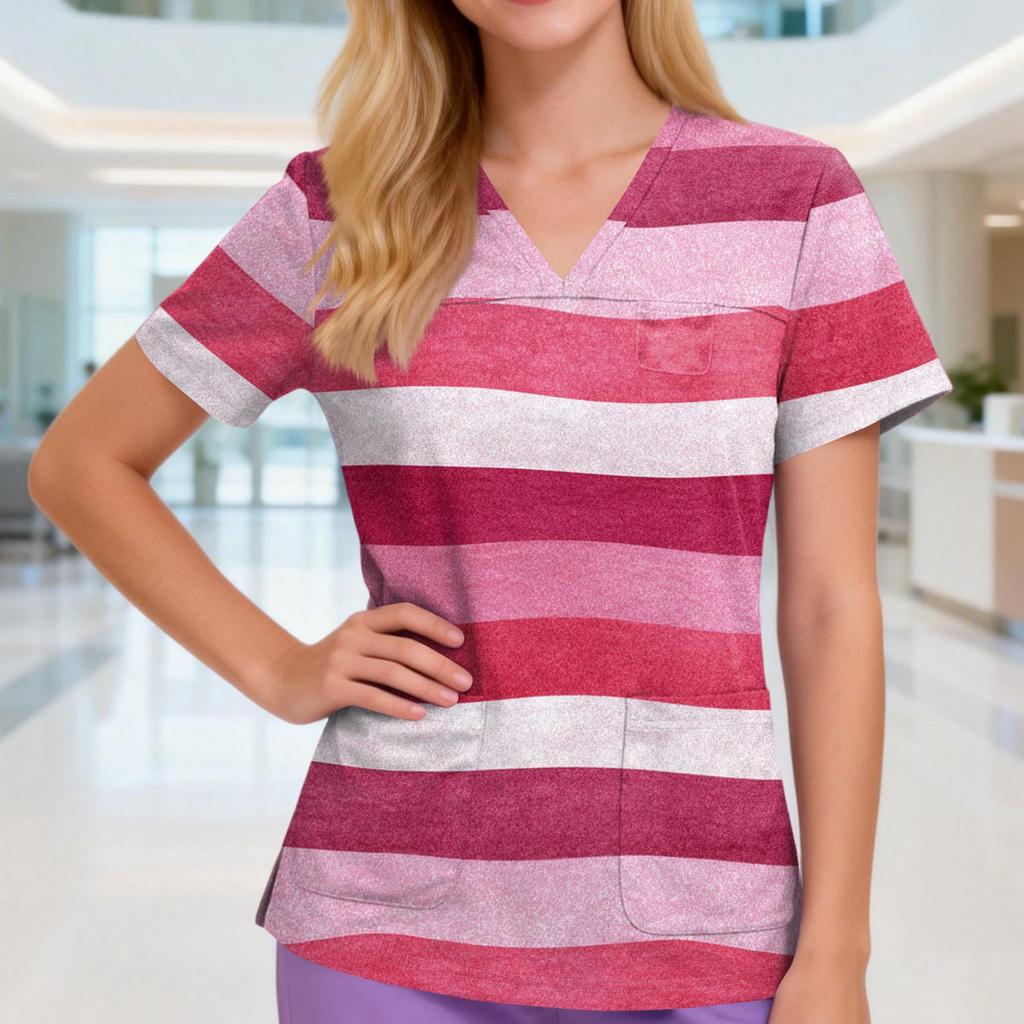 Women's V-neck Three-pocket Short-sleeved Striped Printed  Uniform/caregiver Top With Slits At The Hem