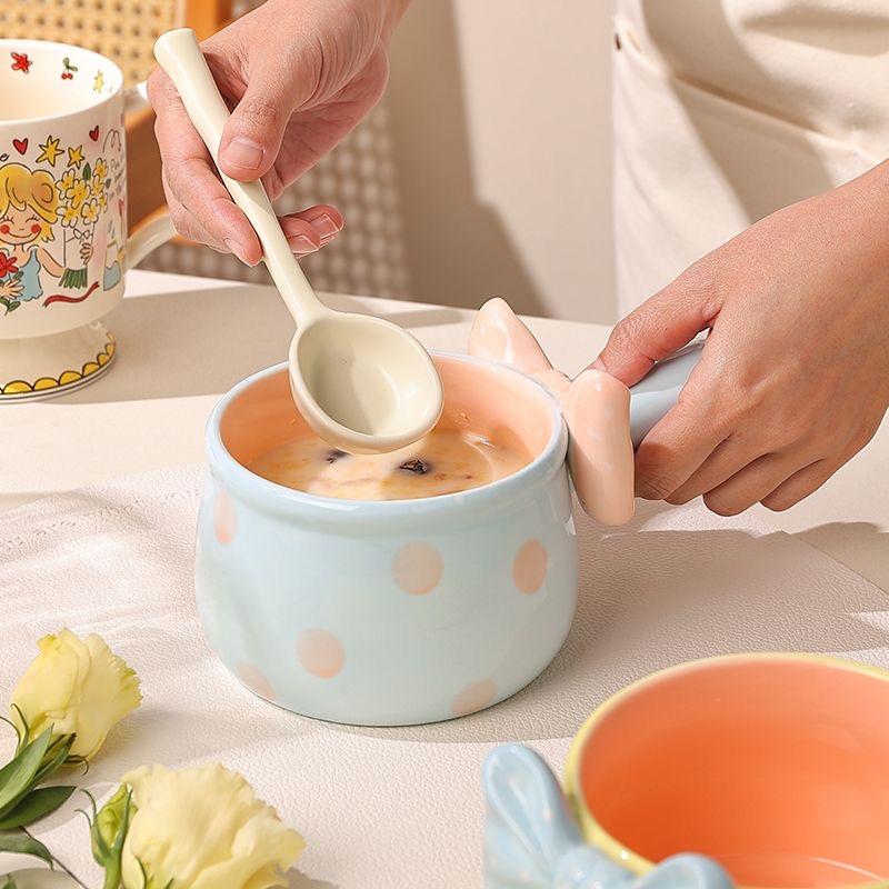 Cute Bowknot Ceramic Bowl with Handle, Aesthetic Salad, Dessert & Breakfast Oatmeal Bowl
