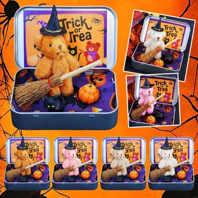 Halloweenbjörn i en låda för bus eller godis, Söt Halloween-dekoration för barn, Plysch Mini Nallebjörnspresent med trollkarlshatt