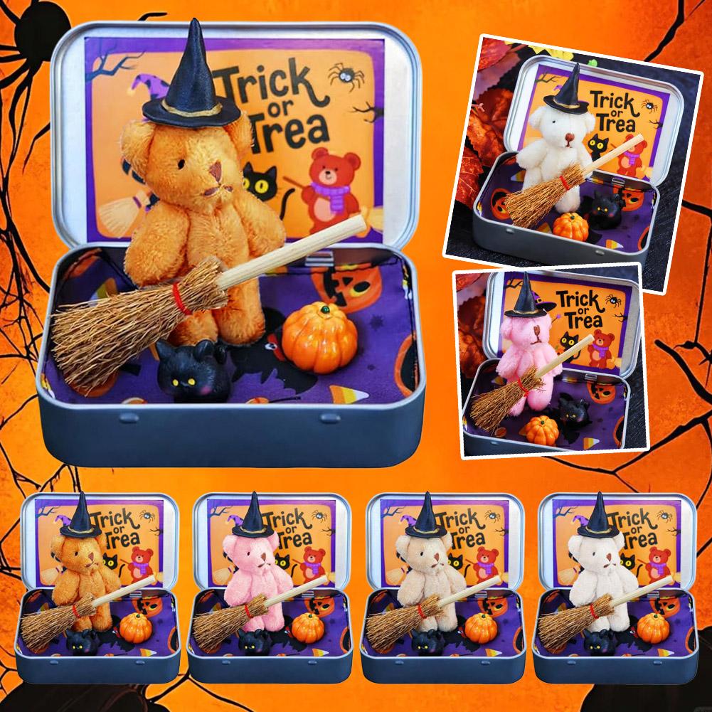 Halloween Bear In a Box for Trick or Treat,Cute Halloween Decoration for Kids, Plush Mini Teddy Bear Gift with Wizard Hat