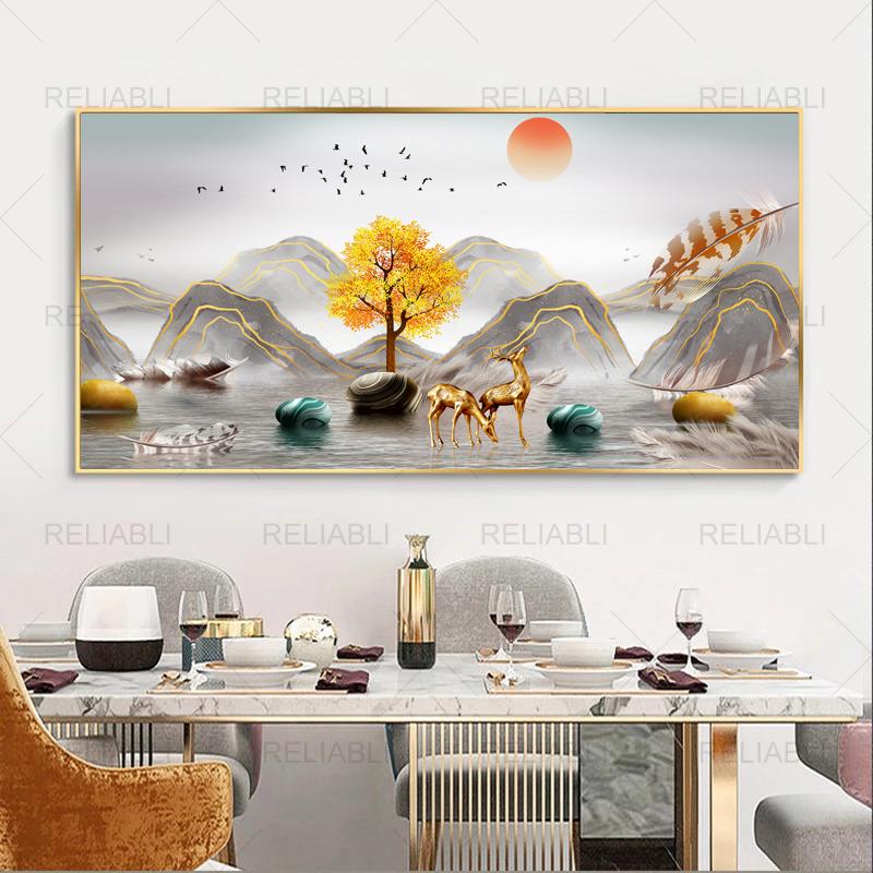 Modern Abstract Decorative Painting Deer Tree Ribbon Canvas Prints Wall Art Pictures for Living Room Light Luxury  Home Decor