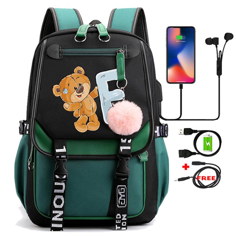 Lovely Little Bear 26 English Letters Student School Bag Backpack Outdoor Teenage Girl Cartoon Bookbag Laptop Travel Rucksack