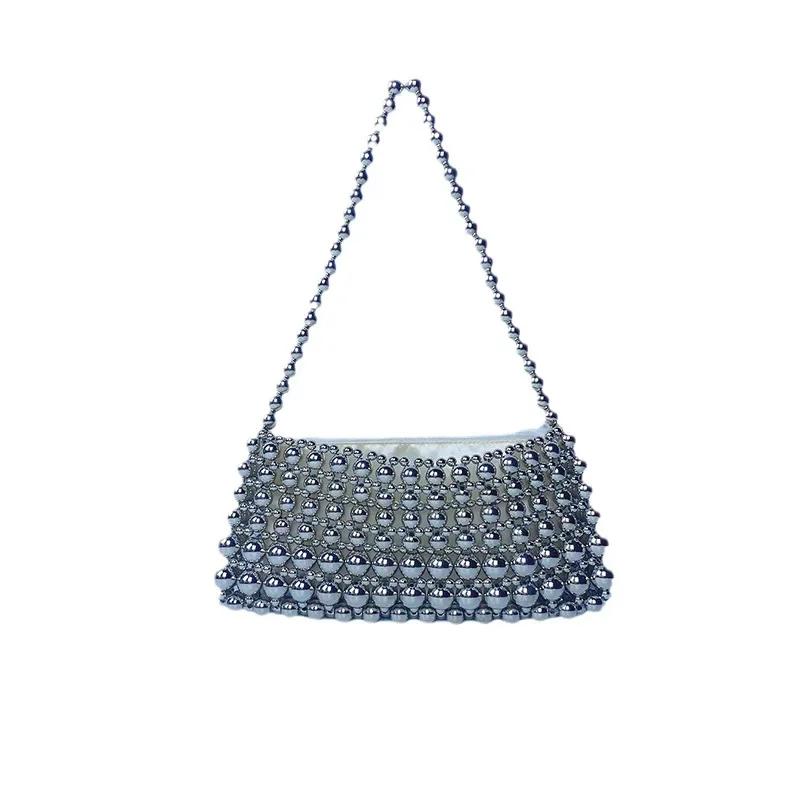 Vintage Pearl Chain Handbag Simple Portable Street Stroll Handbags for Women Handmade Weaving Bags Single Handle
