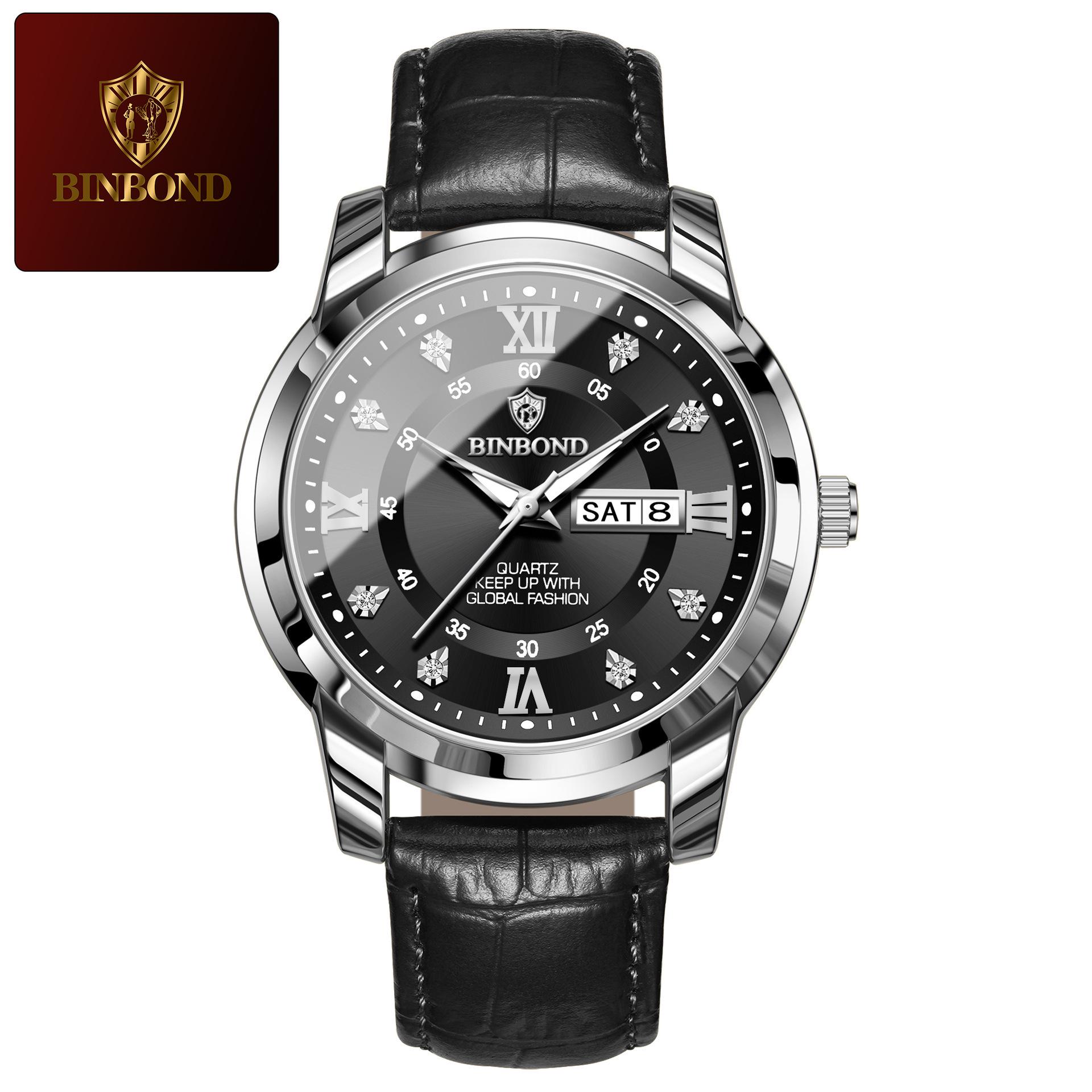 Swiss Binbang Men s Diamond-Accented Leather Quartz Waterproof Watch